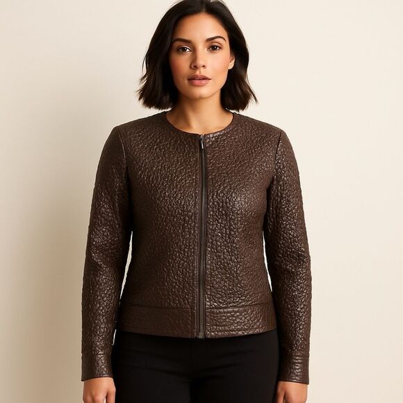 Joseph Ribkoff Brown Faux Leather Blazer Structured Jacket - Picture 1 of 7